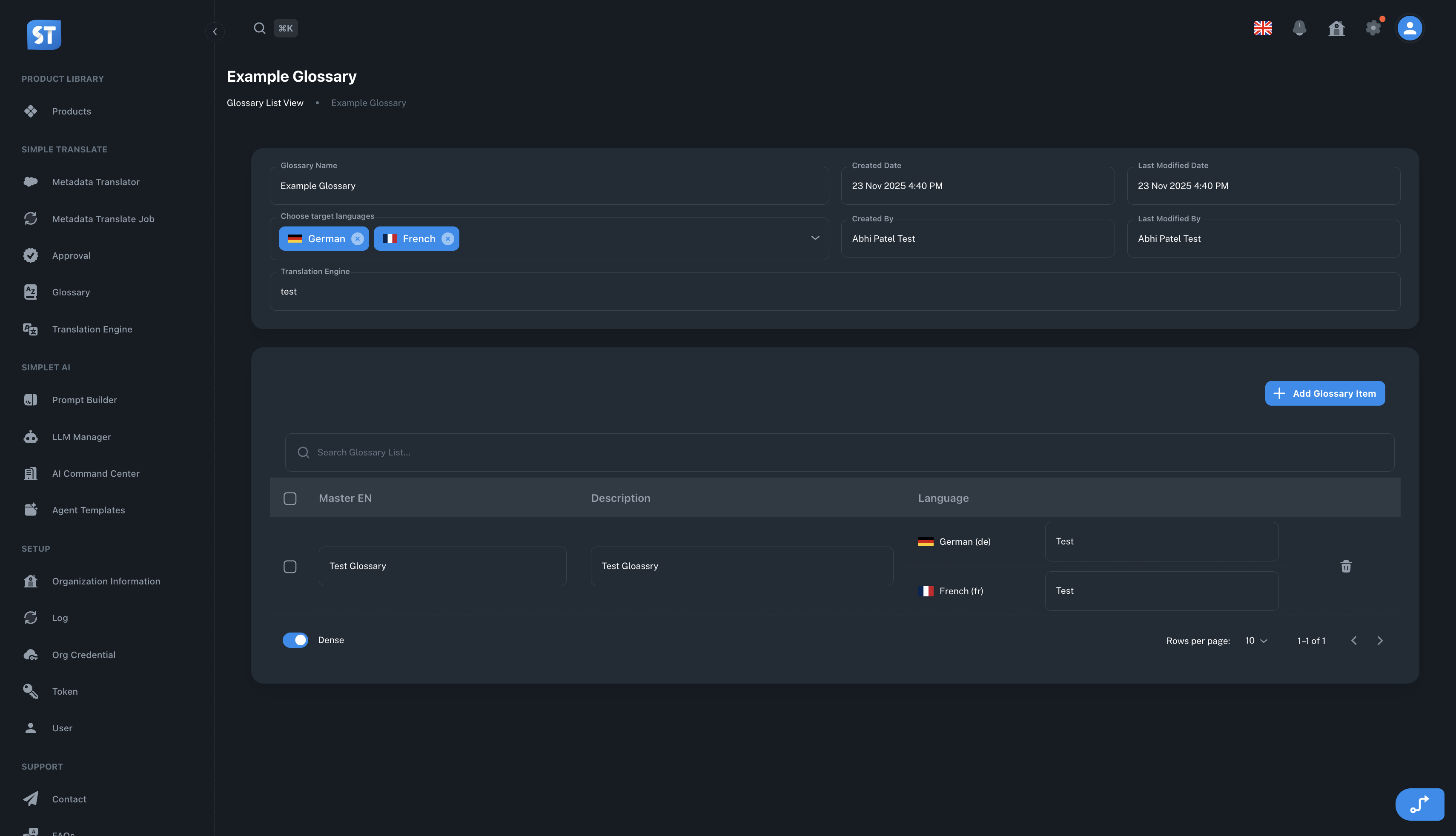 The picture shows the Glossary Item List.