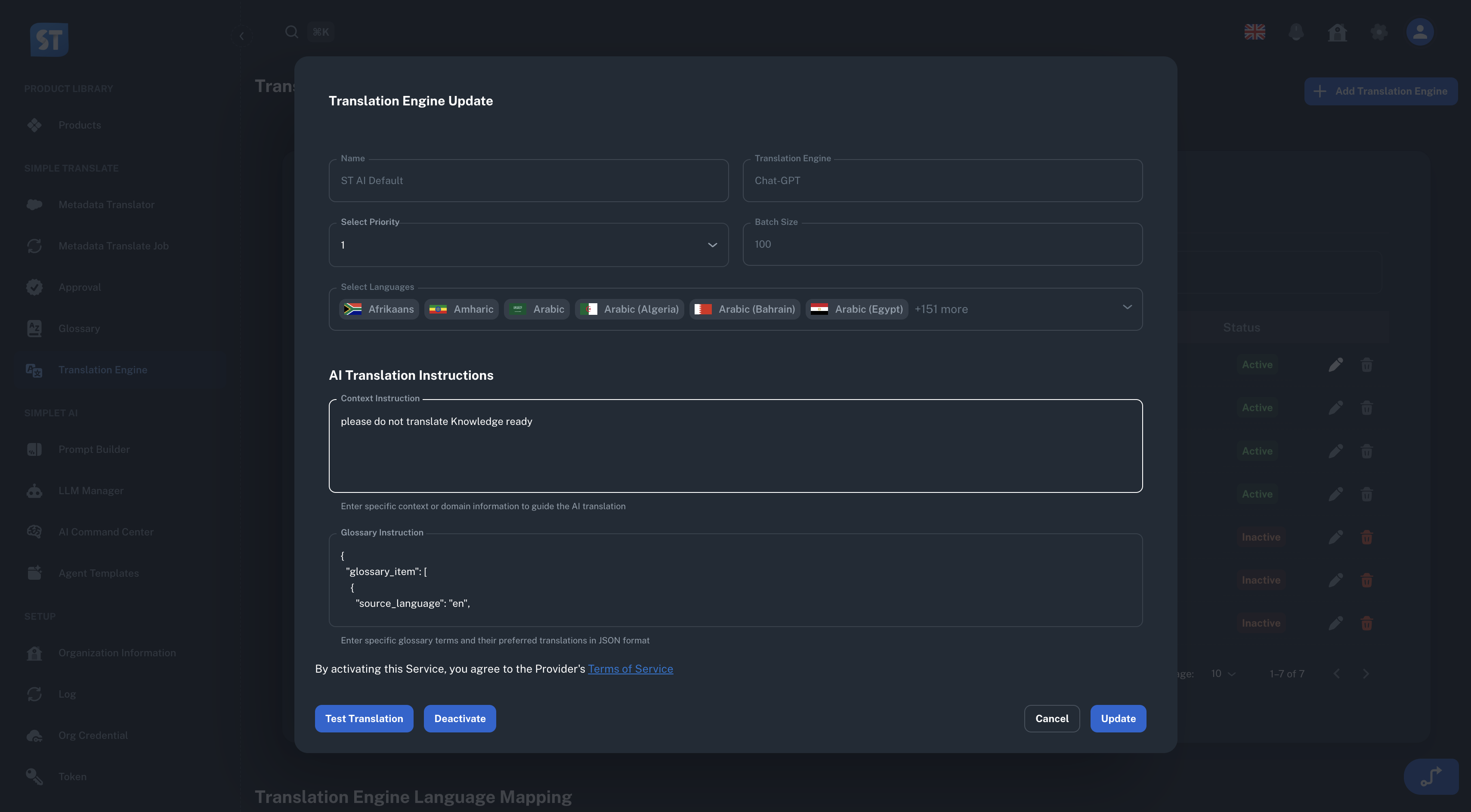 The picture shows the AI Translation Instructions panel with Context and Glossary Instruction fields.