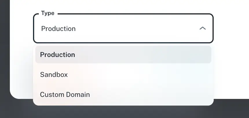 The picture shows us that there are three types of Credentials that we can choose: Production, Sandbox, and Custom Domain.