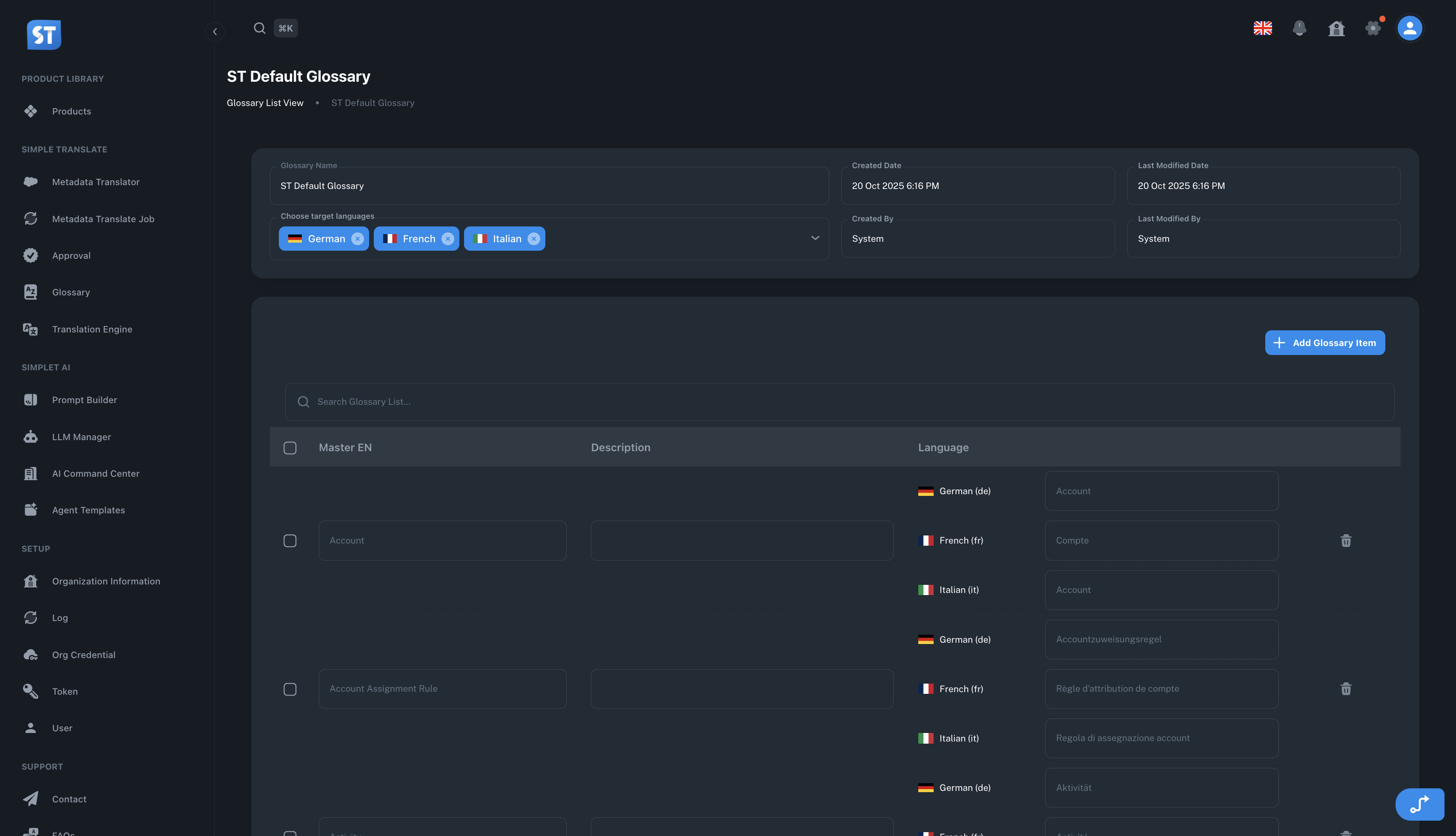 The picture shows the Default Glossary.