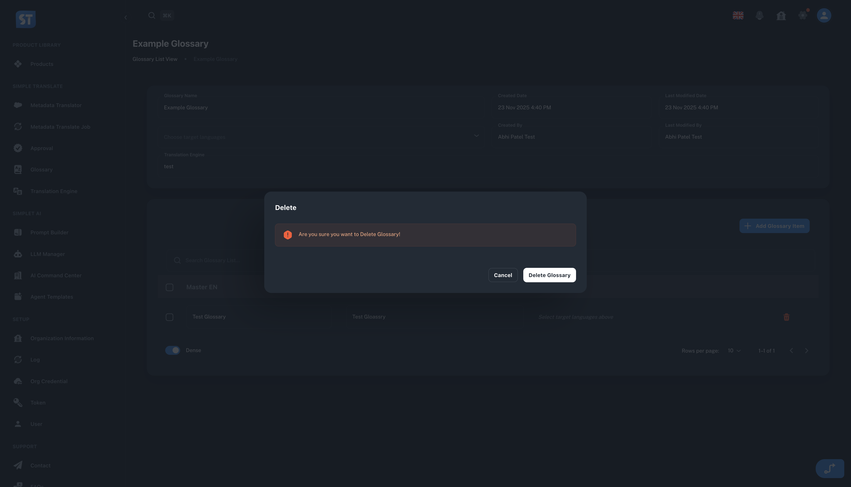 The picture shows the Delete Glossary Item.