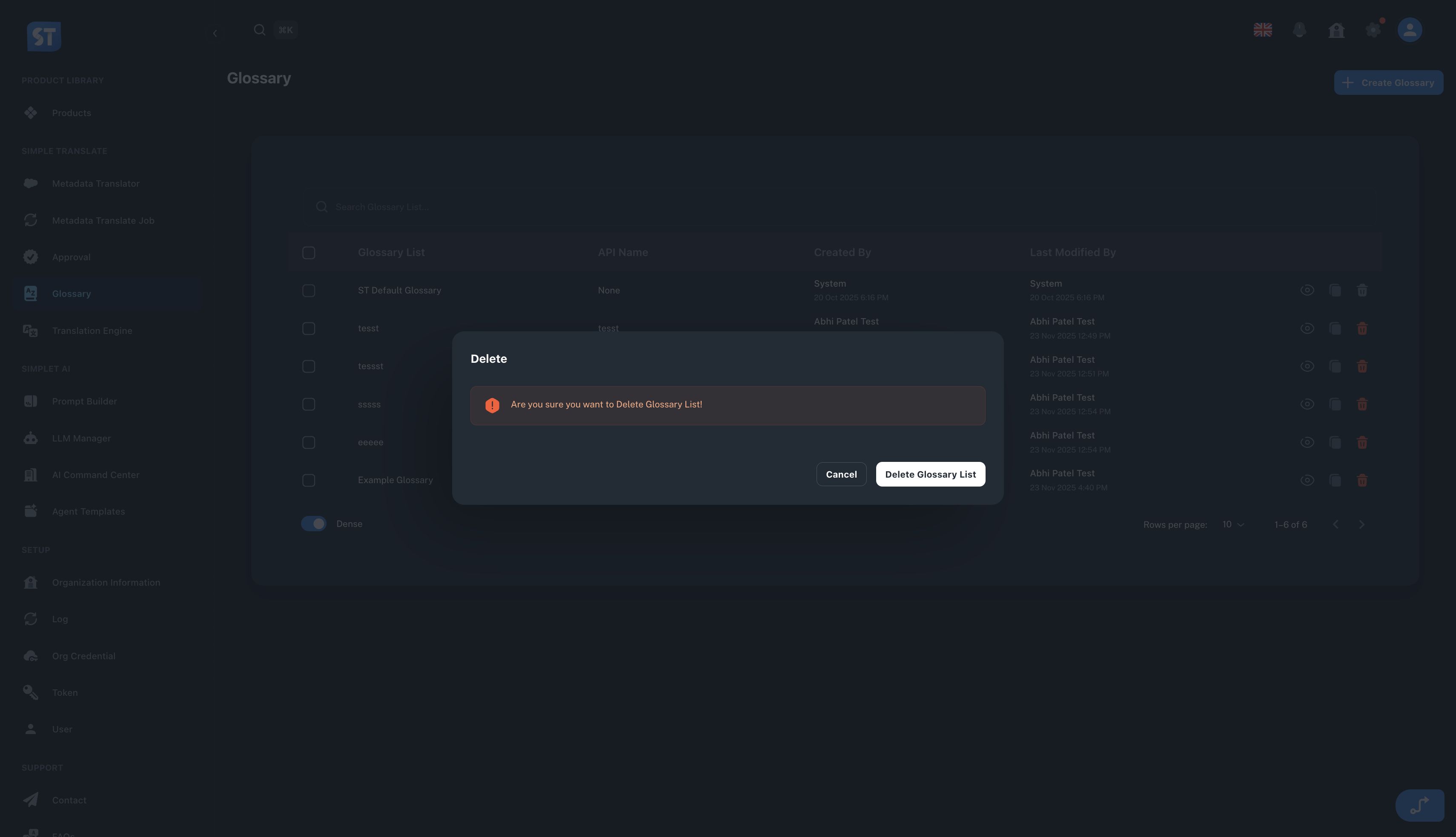 The picture shows the Delete Glossary.