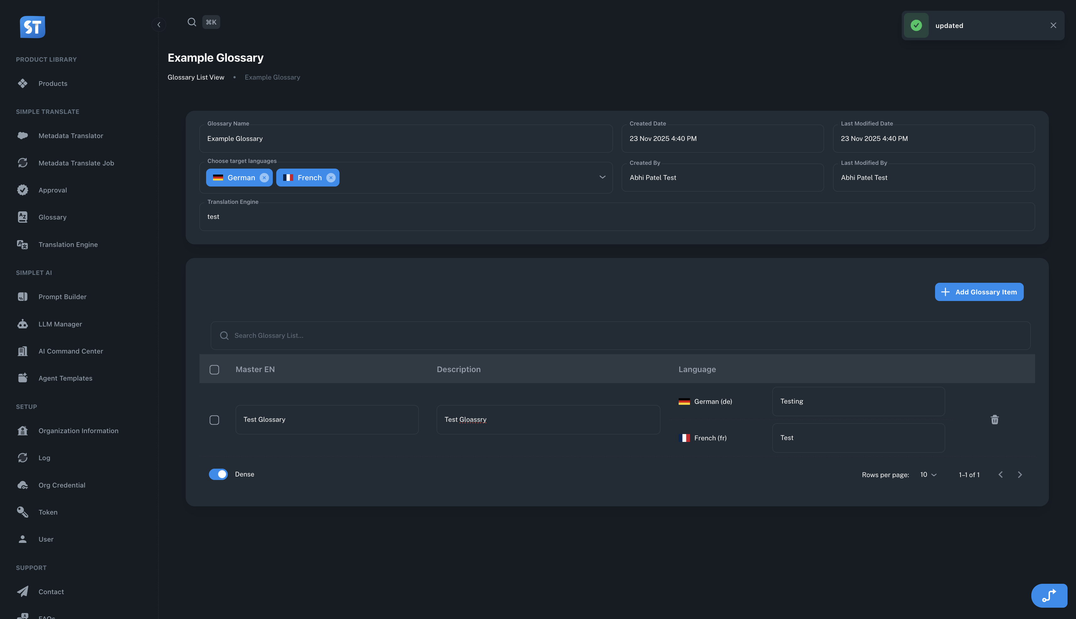The picture shows the Glossary List.