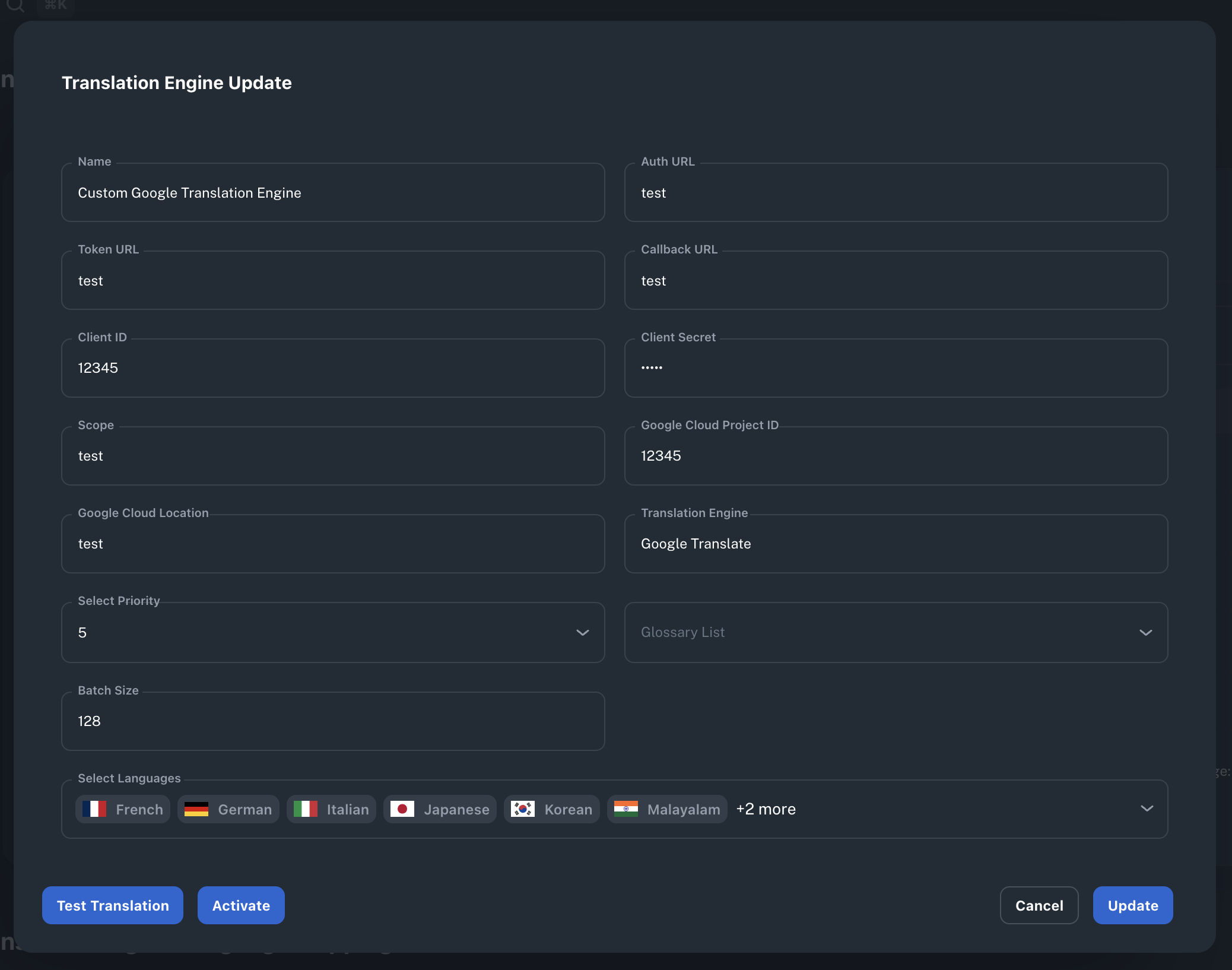 The picture shows us the update translation engine result.