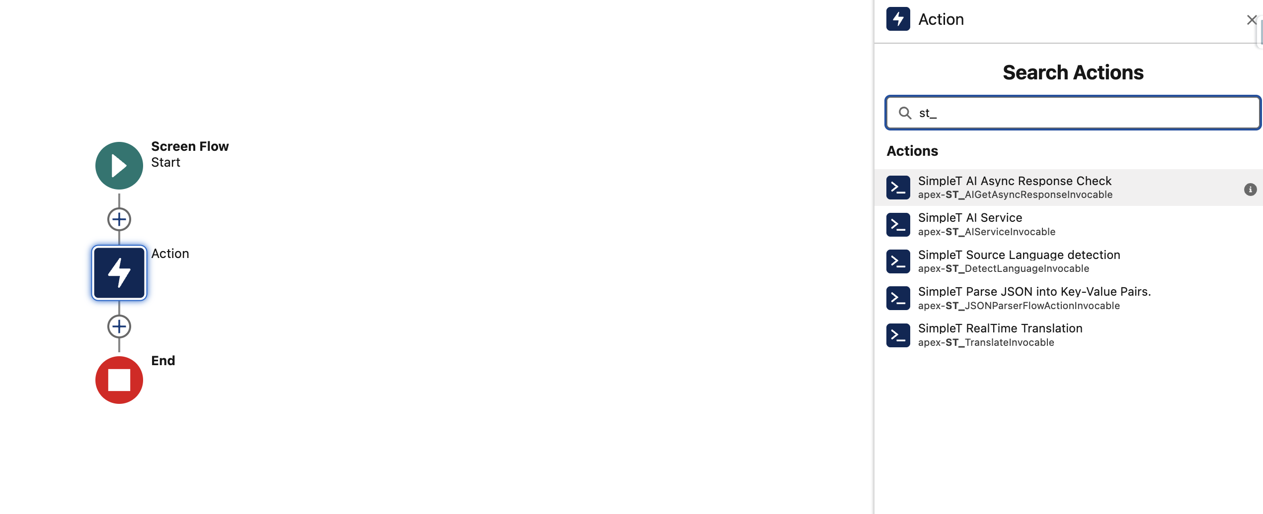 How to add an ST_* action in a Salesforce Flow.