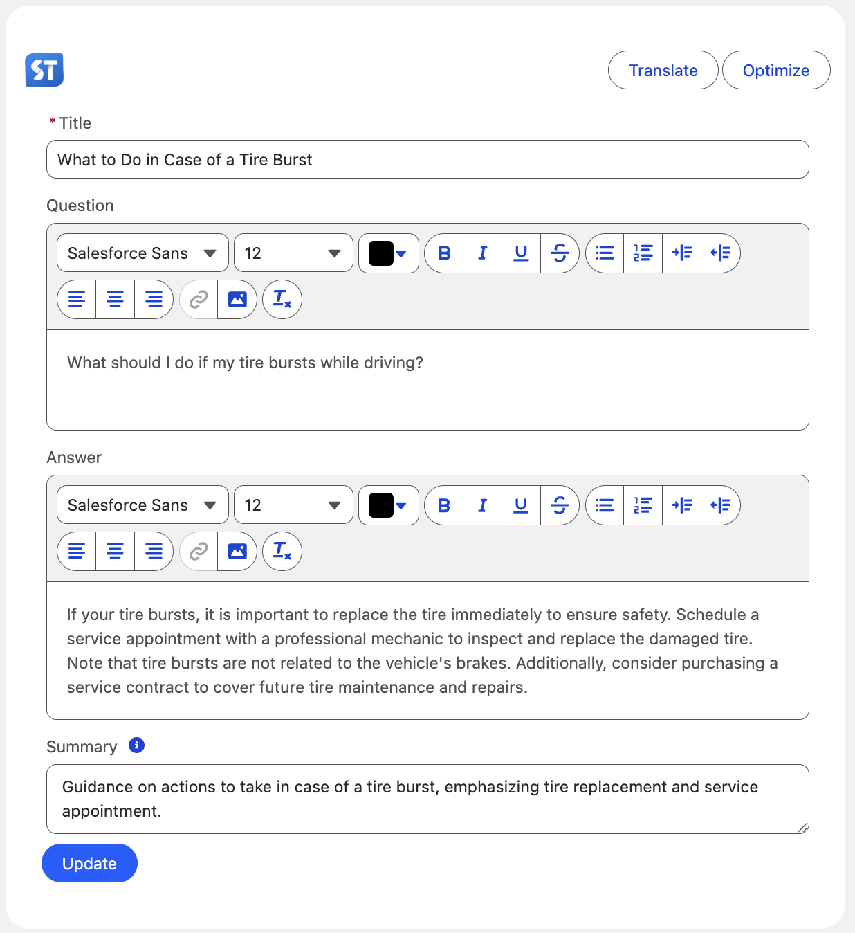 The picture shows us the Record AI edit form.
